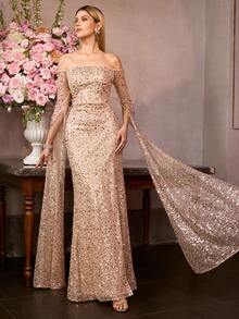 MOTF Soiréza Đầm maxi nữ thanh lịch, ôm sát, hở vai, tay dài, đính sequin lấp lánh, xẻ cao, dáng đuôi cá – lý tưởng cho các sự kiện trang trọng, dạ hội, tiệc tùng và bữa tối. - Rượu sâm banh - Xem 5