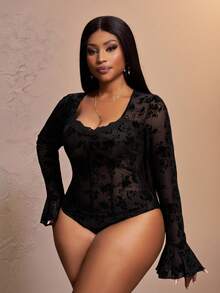 Veslaya 新款性感透视网纱植绒V领大码连体衣，女士街头风，适合复活节、西部牛仔、节日、新年、情人节等场合。 - 黑色 - 查看 7