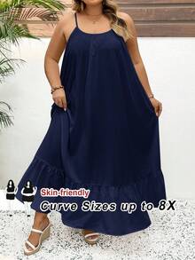 SHEIN CURVE+ 纯色加大码吊带摆裙，长款度假连衣裙，结婚纪念日连衣裙，白色连衣裙，波西米亚风长款白色连衣裙 - 霧霾藍 - 查看 9