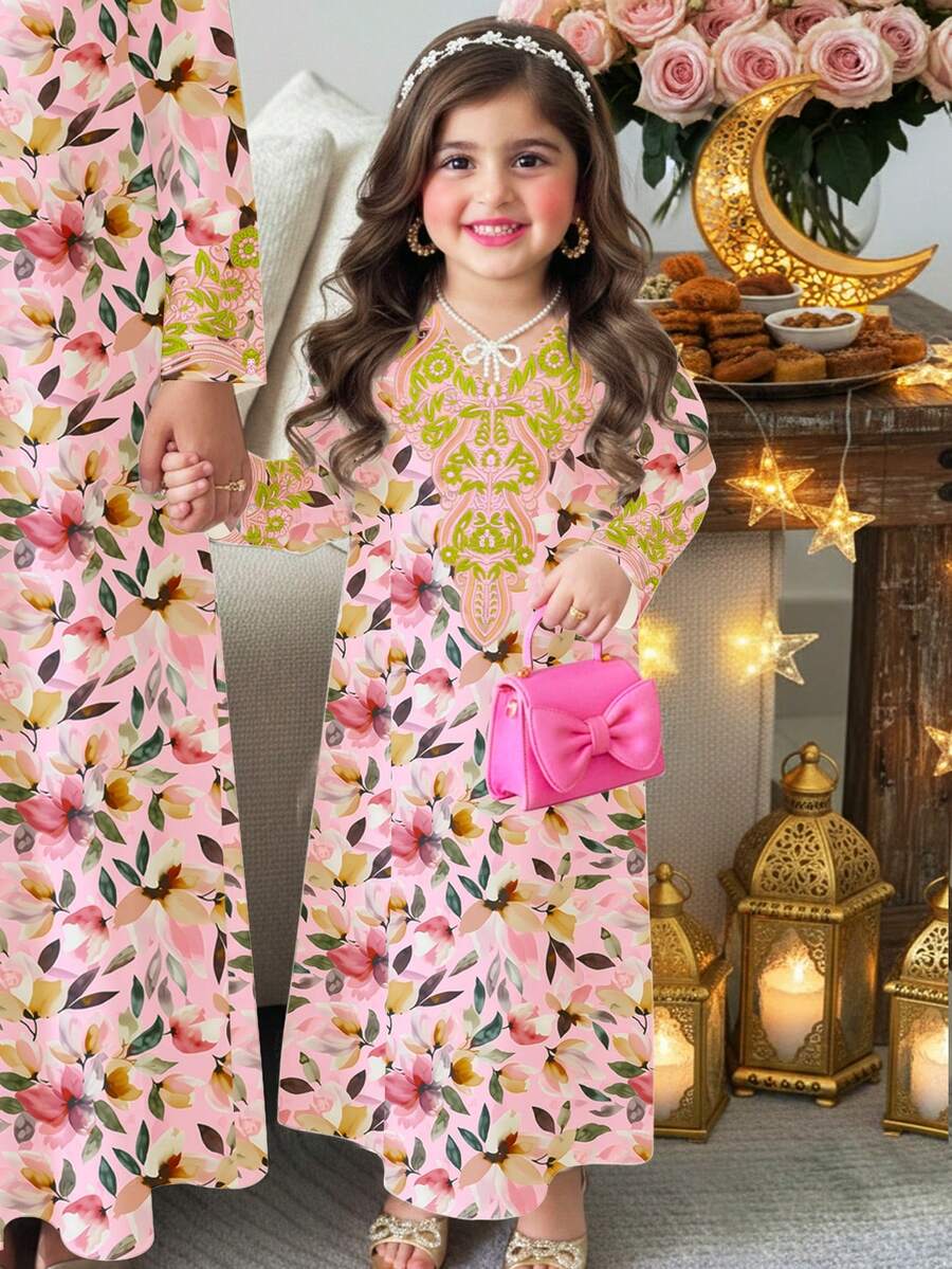 Cute Floral Print Pattern Casual Dress, Matching Family Outfits, Jalabiya Style, Suitable For Young Girls, Spring/Summer - Multicolor - View 1