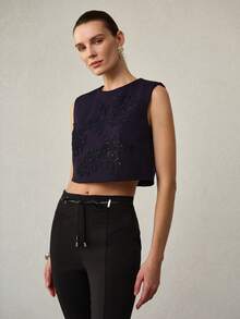 PREMIUM 女士圆领撞色亮片刺绣无袖短款上衣，春夏款 - 藏蓝色 - 查看 7