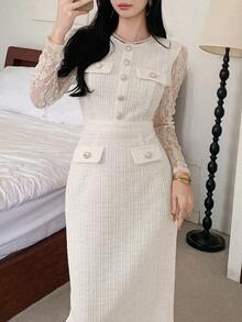 DAZY 女士撞色蕾丝长袖纽扣设计修身优雅中长连衣裙