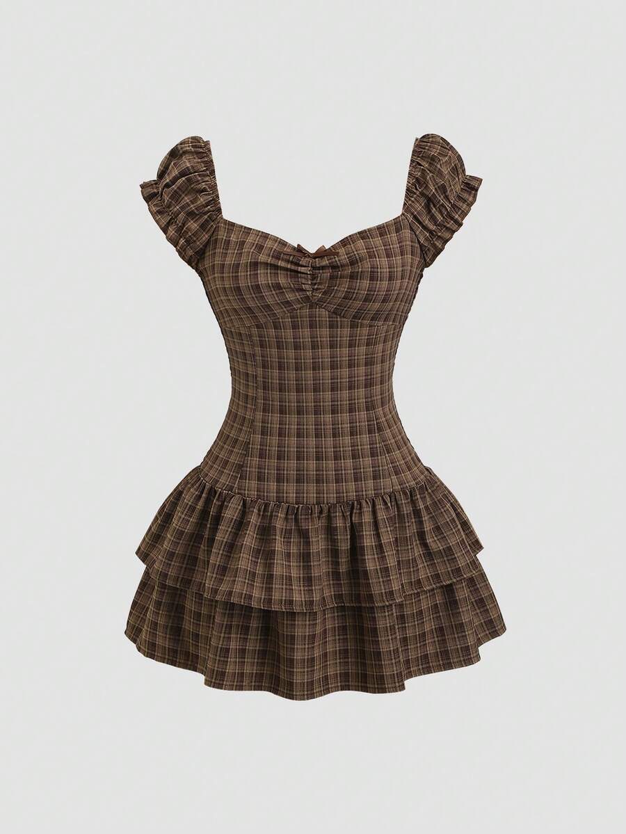 Sweetra 复古美式甜美学院风约会休闲学生音乐节束腰双层荷叶边A字棕色格子迷你连衣裙，春夏秋冬皆宜 - 咖啡棕 - 查看 1