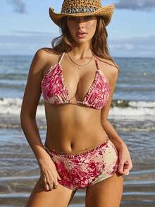 Swim Mod 2026新款女士泳装到货，花卉蕾丝边饰泳衣套装，适合海滩、度假、上学、约会、下午茶、西式、邮轮、海滩、海岛、公路旅行、四季皆宜、音乐节、波西米亚风度假、秋日休闲、西式波西米亚风、优雅女士比基尼上衣，花卉两件套沙滩套装，波西米亚风比基尼套装 - 彩色 - 查看 3