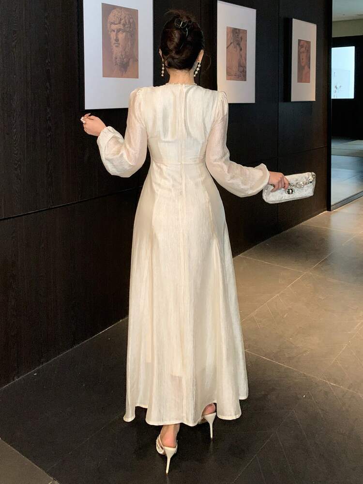 Women's Elegant Solid Color Lace Patchwork Puff Sleeve Long Dress, Spring/Summer Wedding Guest Dress Sundress