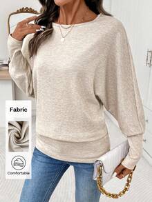 Editum 女士优雅圆领杏色柔和色长袖T恤，适合日常穿着和多种场合，秋冬季 - 卡其色 - 查看 7