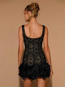 COSMINA Women's Black Lace Square Collar Satin Puff Hem Fitted Mini Dress,Summer Elegent Party Night Black Floral Y2K French Retro Wedding Cocktail Dresses - Black - View 2