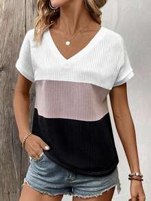 SHEIN Colorblock Short Sleeve T-Shirt, Casual Summer Holiday - Multicolor - View 3