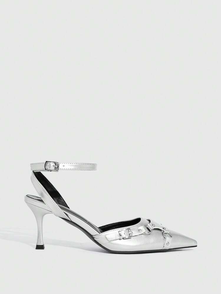 CUCCOO SZL Women's Shoes Silver Metal Style Pointed Thin Heel Sandals, Sweet And Cool Punk Style, Retro Modern With Metal Texture And Pointed High Heel, Metal Buckle Decoration, Cross Strap Design, Thin Heel To Enhance The Aura, Leather Upper Texture Advanced, Can Be Matched With Hot Girl Clothing To Attend Music Festivals, Parties Or Daily Street Fried Streets