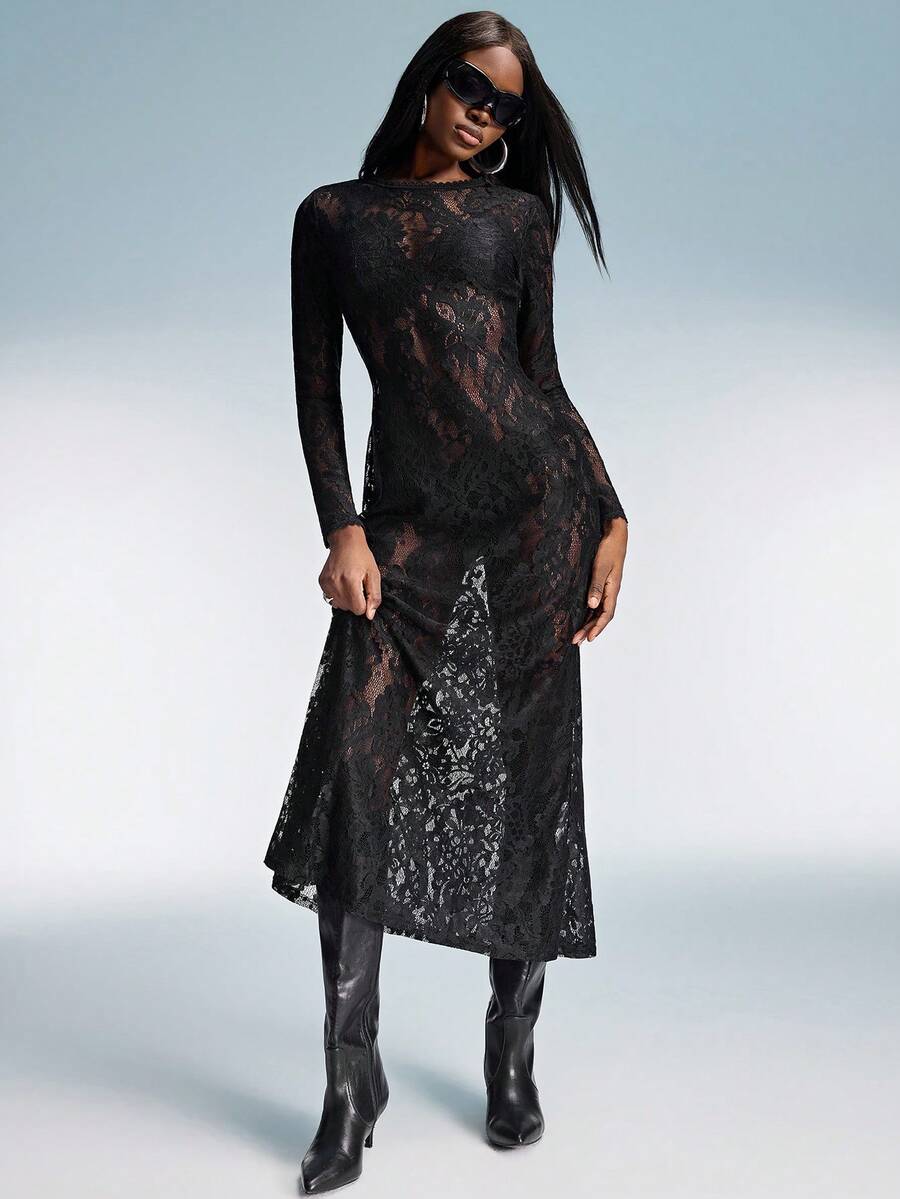 GENKIRA 黑色蕾丝拼接花卉饰边性感透视修身度假时尚长袖连衣裙 - 黑色 - 查看 1