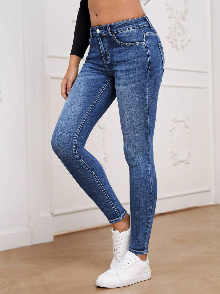 SHEIN Essnce Casual Washed Low-Rise Slim Fit Jeans - Medium Wash - View 1