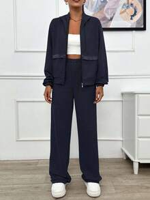 EURMUSE TWO PIECES TWO THREAD LIGHT GREY HOODIE SWEATSHIRT AND SWEATPANT WITH SPARKLE STONE DETAIL - Navy Blue - View 6