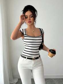 Franclia French Minimalist Fitted Striped Knit Tee, Casual Short Sleeve Top, Great For Parties, Spring/Summer