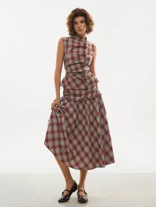 Poéselle Chân váy nữ kẻ caro đỏ dáng suông, chân váy midi dáng chữ A cạp thấp kẻ caro kiểu retro, cạp cao, kiểu dáng vintage thanh lịch, chân váy phong cách Y2K, chân váy mùa hè, chân váy midi kẻ sọc, chân váy dáng chữ A cạp cao, kiểu dáng vintage thoải mái, chân váy thanh lịch lấy cảm hứng từ Pháp. - Đỏ - Xem 6