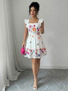 Elenzga 女士印花无袖方领收腰荷叶边下摆休闲度假连衣裙，适合狂欢节、劳动节、复活节、返校季、教师节、学生、校园、旅行、夏季等场合。 - 彩色 - 查看 3