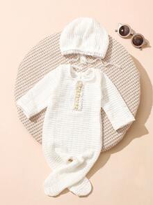 SHEIN 新生儿摄影连体衣，带脚套和配套帽子，男女宝宝摄影服装，珍珠拼接 - 白色 - 查看 7