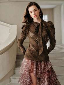 Anewsta 秋季女士高品质蝴蝶结设计长袖T恤，黑色时尚上衣，优雅女士衬衫，适合秋季、冬季、新年等场合，优雅、别致、时尚，圣诞节、外出、冬季女装 - 棕色 - 查看 6