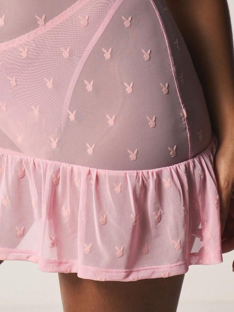 Missguided x Playboy Plunge Neck Halter Mini Dress With Rhinestone Bunny Charm And Ruffle Hem For Party Night Out Clubwear For Valentine's Day