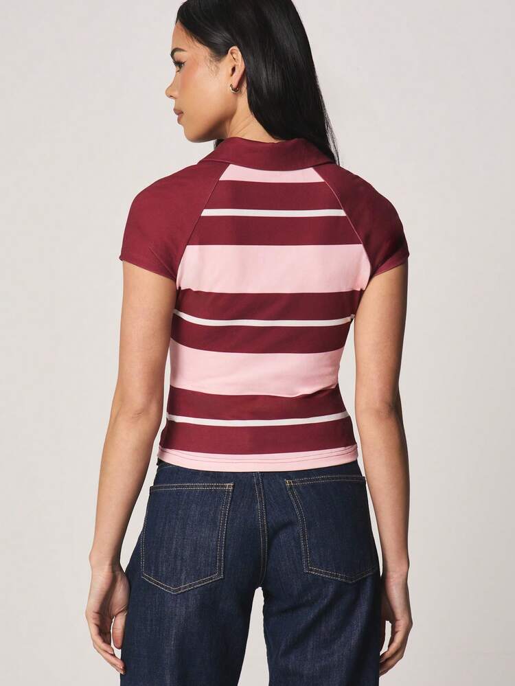 MISSGUIDED 래글런 스트라이프 폴로 셔츠 반팔 칼라 버튼 프론트 컬러 블록 가로 스트라이프 캐주얼 가을 패션