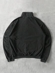 ROMWE MEN Essentials Men's Vintage Letter Print Zip-Up Half Placket Washed Pullover Pullover Sweatshirt - Black - View 3