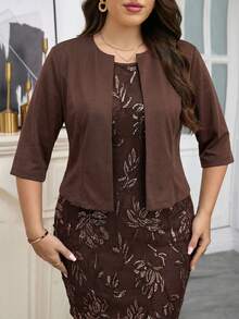 Reflora Conjunto de 2 piezas de talla grande: Blusa de unicolor elegante para uso diario y vestido bordado con lentejuelas - Marrón - Ver 4