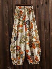 Linhara Women's Retro Vintage Botanical Print Flared Pants,Beige Autumn Boho Holiday Vacation Resort Beach Pants,Countryside Style Elastic Hem - Multicolor - View 1