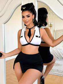 4pcs Women's Costume Set (Wireless Bra, G-String, Mini Skirt, Neck Scarf) - Black and White - View 5