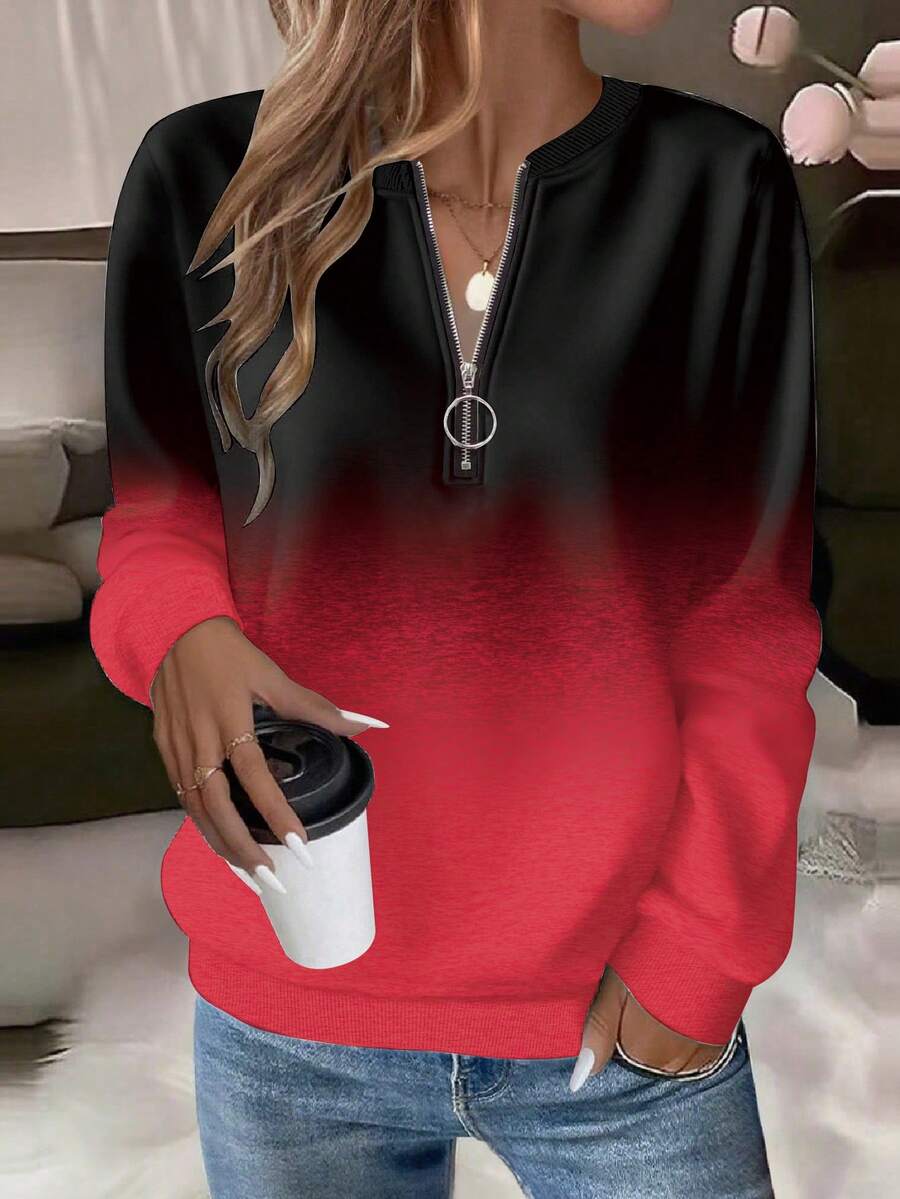 EMERY ROSE 大码女式休闲渐变印花拉链圆领卫衣，时尚渐变卫衣，黑红渐变长袖卫衣，女式卫衣，女式长袖上衣，红黑上衣，红黑 - 彩色 - 查看 1