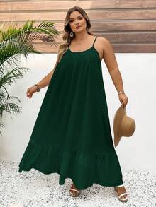 SHEIN CURVE+ Solid Color Plus Size Tank Top Swing Dress,Long Vacation Dress, Wedding Anniversary, White Dress, Long White Dress Boho Vacation, Summer Dresses - Dark Green - View 8