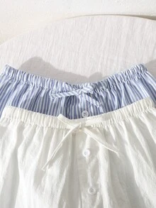 SHEIN 两件套少女休闲条纹短裤和白色纹理短裤，买一送一，100%纯棉 - 藍白色 - 查看 3