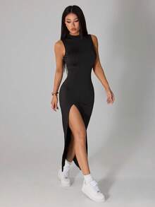 SHEIN PETITE Đầm xẻ tà thanh lịch, thoải mái dành cho nữ, nhẹ nhàng, thích hợp cho mùa hè. - màu đen - Xem 7