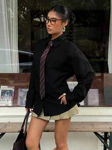 Muchica 女士黑色束腰长袖衬衫，配领带 - 黑色 - 查看 6