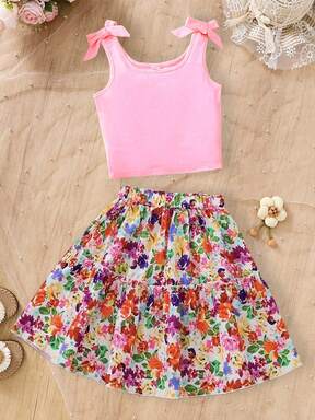2pcs/Set Girls' White Bow Blouse And Colorful Floral Print Skirt