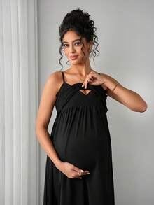 Maternity Solid Color Frill Trim Camisole Nursing Dress, - Black - View 6