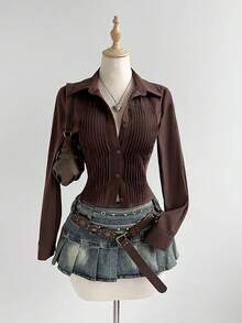 Elamini Áo kiểu tay dài cổ tròn kẻ sọc dáng retro gợi cảm, đa năng dành cho nữ, thích hợp cho mùa xuân. - màu nâu - Xem 3