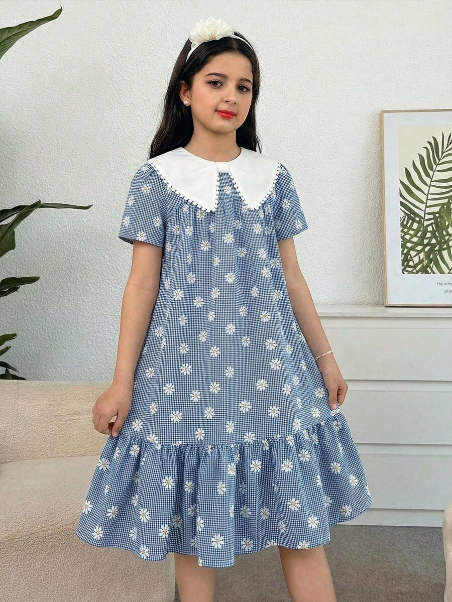 SHEIN رمضان	Everyday Casual Blue Smock Dress For Tween Girls With Contrast Lace Peter Pan Collar And Daisy Print Flounce Hem - Blue - View 1