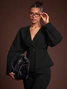 Hauture Women's Office Casual Elegant Low Front Neck With Barrel Sleeves Tweed Blazer - Black - View 1