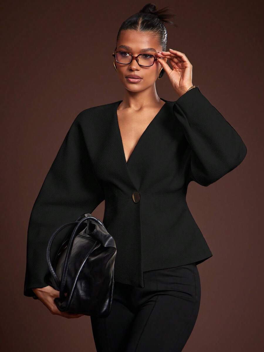 Hauture Women's Office Casual Elegant Low Front Neck With Barrel Sleeves Tweed Blazer - Black - View 1