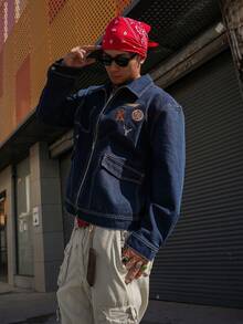 DAZY Men's Denim Jacket With Embroidered Lettering Pattern, Navy Blue, Suitable For Spring And Autumn - Blue - View 7