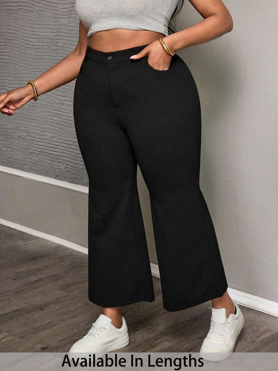 SHEIN PETITE CURVE 大码休闲纯色喇叭裤，适合日常生活、通勤、聚会、毕业典礼、办公室、约会、春季、外出等场合，女士休闲黑色裤子 - 黑色 - 查看 1