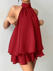 Aloruh 女士优雅浅黄色吊带系带迷你连衣裙 - 紅色 - 查看 8