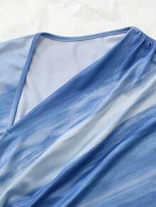 Nevyona 女士优雅渐变印花斜肩长袖T恤，春季时尚上衣 - 霧霾藍 - 查看 4