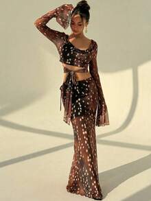 Aloruh 女士波点印花荷叶边领口喇叭袖打结腰部露脐上衣和鱼尾中长裙两件套 - 彩色 - 查看 3