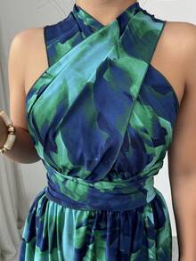 Elenzga Đầm nữ không tay màu xanh lục lam in kỹ thuật số nhiều màu, thắt eo chéo sau lưng, nơ, dáng xòe, thanh lịch và tôn dáng, thích hợp làm quà sinh nhật, hẹn hò, dự tiệc, đám cưới, ngày Valentine, đi nghỉ mát, mùa xuân/hè. - Nhiều màu - Xem 3