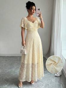 Modelyn Elegant French Style Lace Ruffle Dress, Delicate Yellow, Graceful Summer Aesthetic - Light Yellow - View 1
