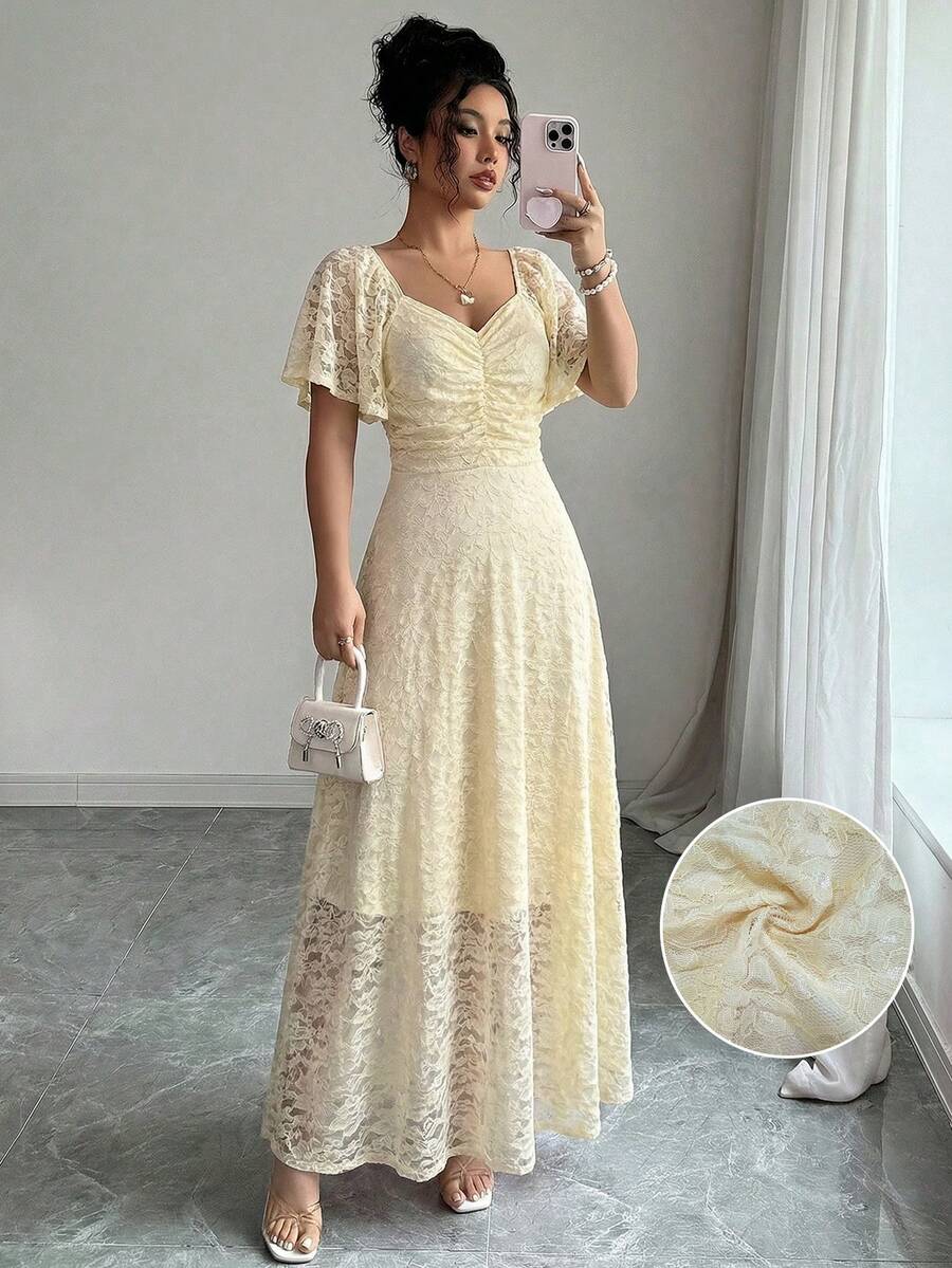 Modelyn Elegant French Style Lace Ruffle Dress, Delicate Yellow, Graceful Summer Aesthetic - Light Yellow - View 1