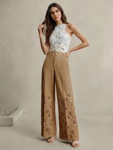 Anewsta Khaki High Waist Loose Straight Leg Pants With Embroidery, Elegant Style, Spring/Summer - Khaki - View 5