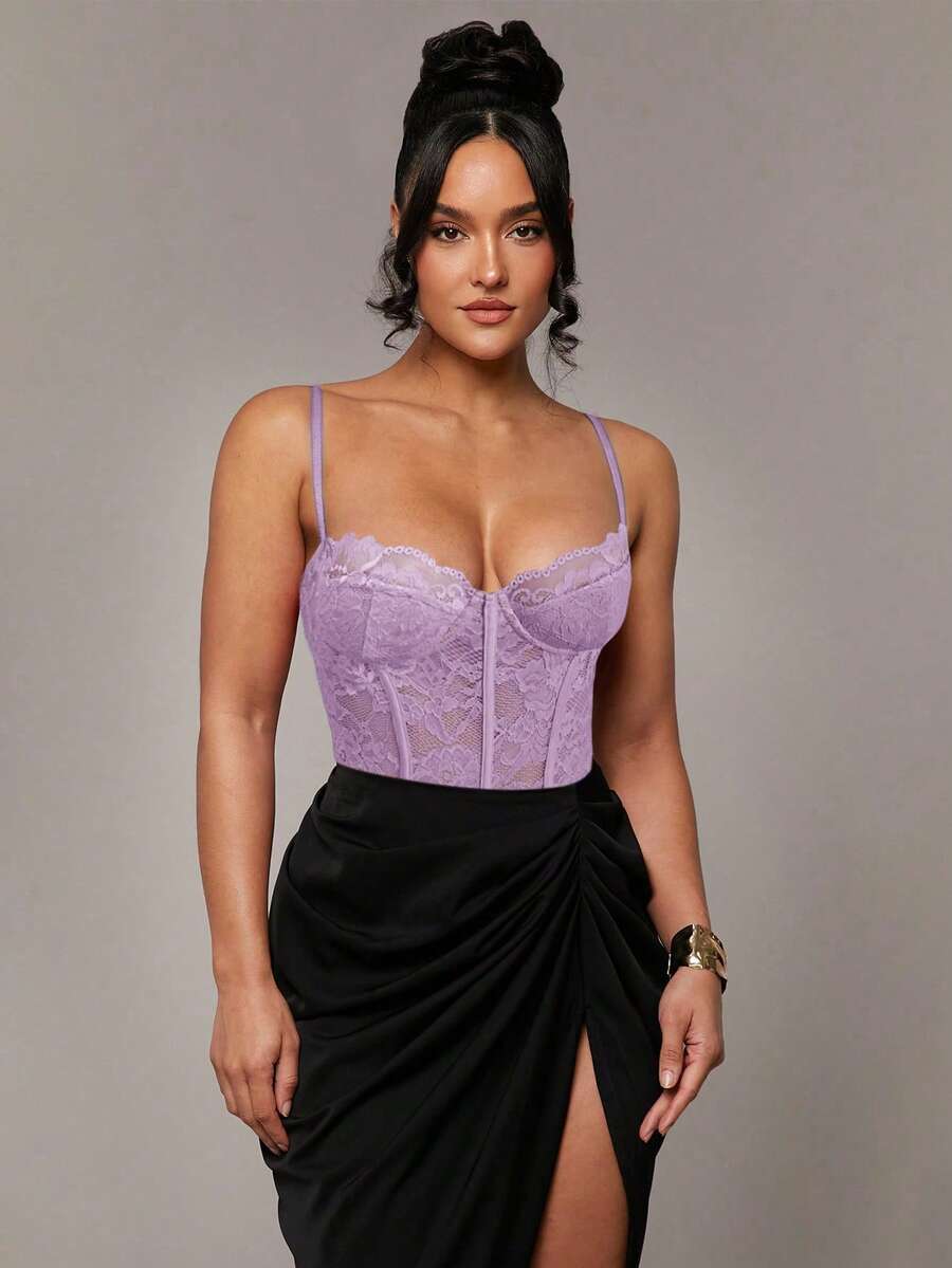 Silquee Áo hai dây ren đỏ gợi cảm, áo liền thân dài tay ôm sát, dây mảnh phối ren quyến rũ, đa năng cho mặc hàng ngày, hẹn hò, đi chơi. - Màu tím hoa cà - Xem 1