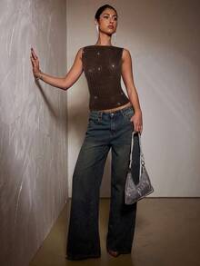 SHEIN BAE Autumn Solid Wine Red Rhinestone Crystal Sleeveless Tight Elegant Ladies' Tank Top, Suitable For Party, Nightclub, Cocktail Party, Banquet, Going Out At Night, Ball, Date, Autumn/Winter Layering - Coffee Brown - View 3