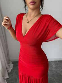 SHEIN Elenzya Đầm midi dáng chữ A bằng vải lưới thoáng khí, thiết kế thanh lịch, ôm sát cơ thể, thoải mái, phù hợp cho cả dự tiệc và mặc hàng ngày. - Đỏ - Xem 4